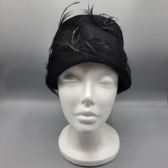 Brigitte Accessories - Vintage Black Feathered Cloche Fur Felt Hat By Brigitte Made In Italy